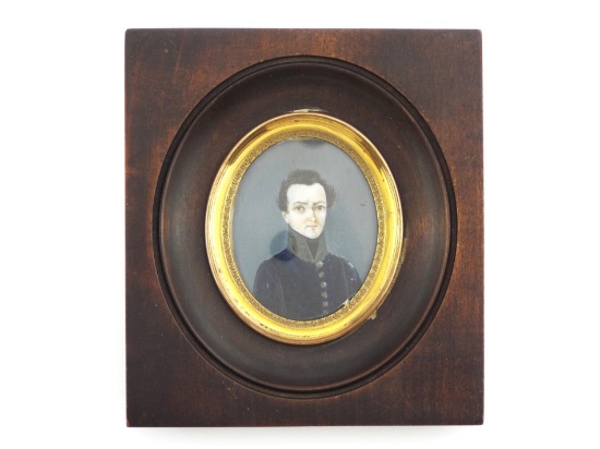 French Restoration 19th C. Miniature Young Nobleman Portrait in OVAL GILT BEZEL