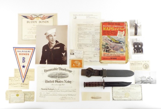 US WWII NAVY MARK 2 KNIFE & Sailor Document Grouping