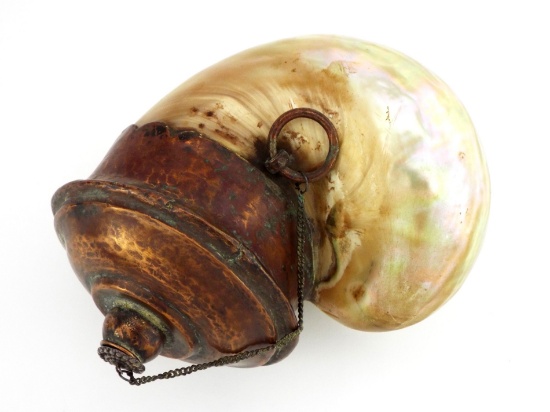 Rare Indo-Persian Mother-of-Pearl and Copper Powder Flask