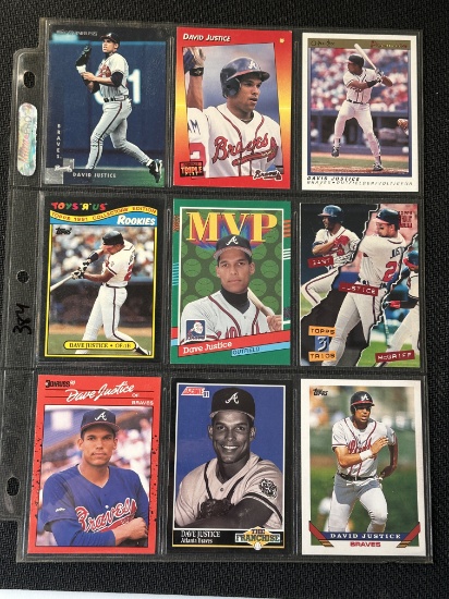 David Justice 9 Card Baseball Lot in Pages - Different years, conditions