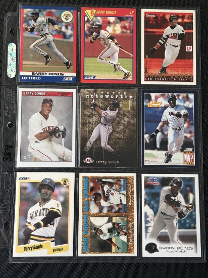 Barry Bonds 9 Card Baseball Lot in Pages - Different years, conditions
