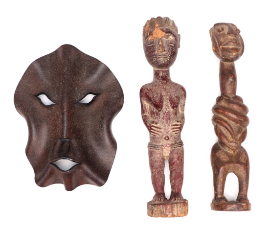 Unusual Leather Cowl & Baule Wood Ancestors