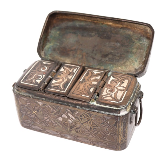 Early Heavy Filipino Betel Nut Box, Silver Inlay
