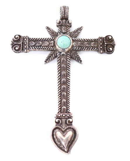 Old Sterling Silver Cross Pendant w/Turquoise, England
