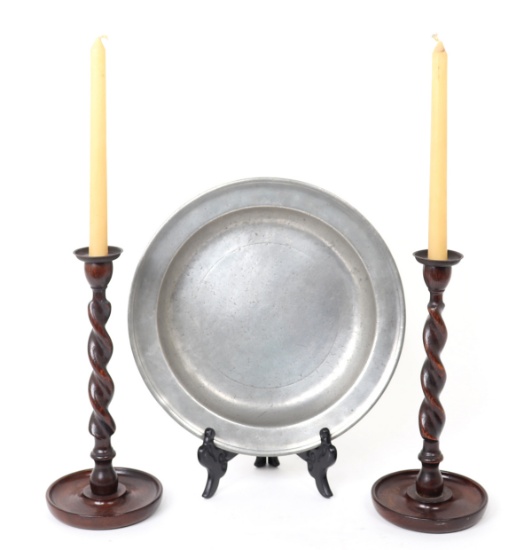 Deep Thomas Danforth II Pewter Plate & Turned Candlesticks