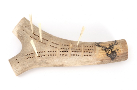 Handsome Elk Antler Carved Scrimshaw Cribbage Board