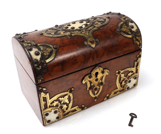 English Burr Walnut, Brass, & Bone Tea Caddy, circa 1860s