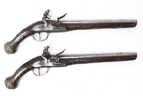 Brace of Silver Inlaid & Engraved Flintlock Cavalry Pistols, Late 18th c.