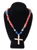 Guatemalan Silver Cross & Coral Bead Necklace
