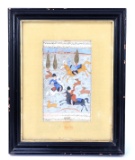Persian Watercolor Scene of Hunters on Horseback