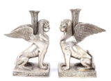 Pair of Silvered Sphynx Candlesticks