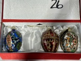 2015 Joan River 3 Faberge Egg Ornaments. Russian inspired. In red box. (Own