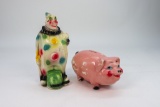 Chalkware Clown and Pink Piggy Bank