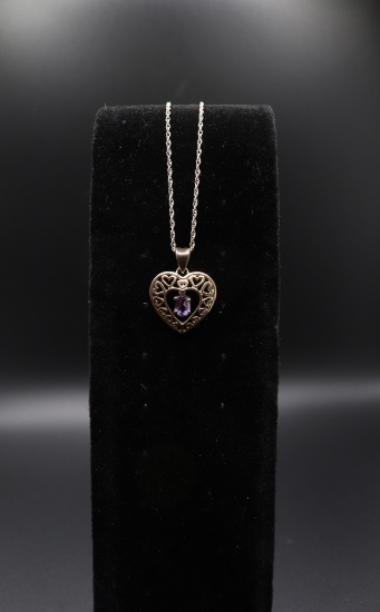 Sterling Silver Heart Pendant with Amethyst Stone and Chain