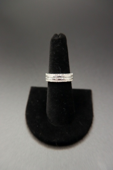 Sterling Silver White Round Baguette Band