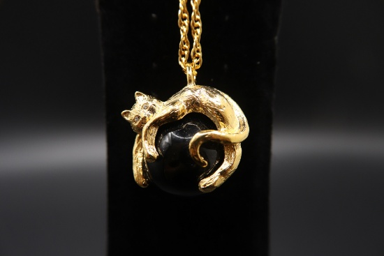 Gold Tone Cat on a Black Orb Pendant with Chain