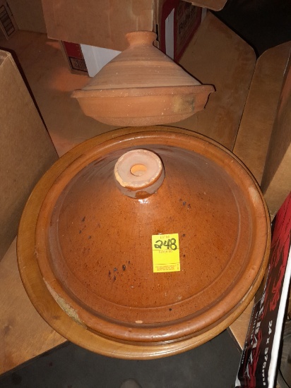 TWO CLAY POTS WITH LIDS