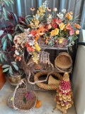 WOOD RACK WITH VARITY OF BASKETS AND FLOWERS