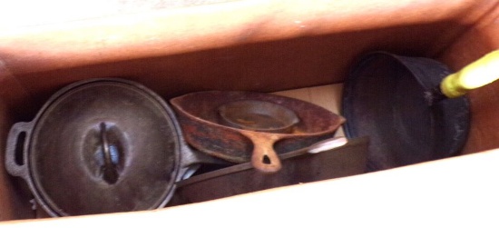 Box of Iron skillets and pots