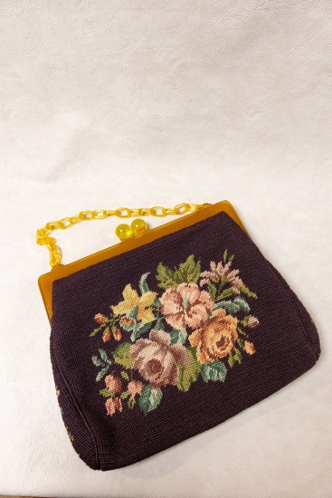 Embroidered Purse with Bakelite Handle - 1943