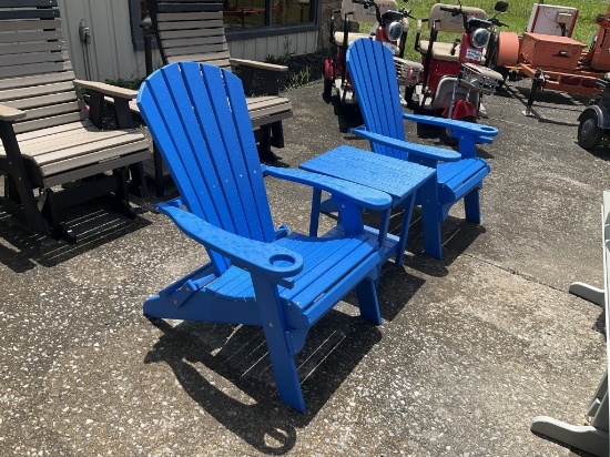New Amish Set Adirondack Blue Chairs & End Table