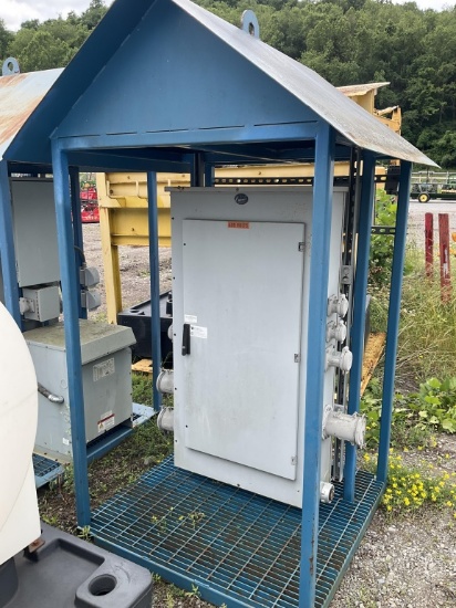 Metal Shed with Electrical Panels, Blue