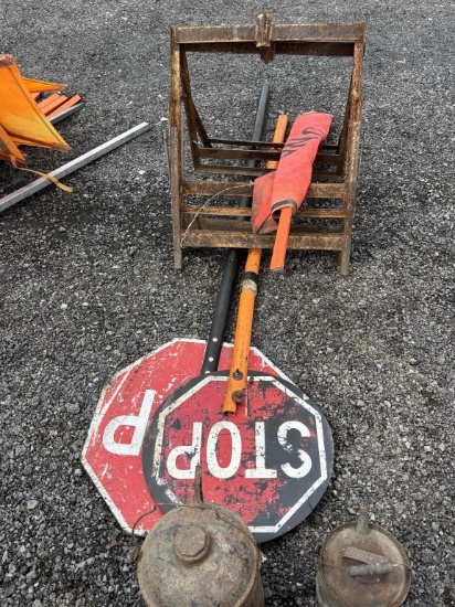 Lot of 2 Metal Sign Holders & Construction Signs