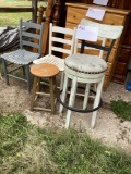 3 wood chairs, 1 stool, 1 barstool