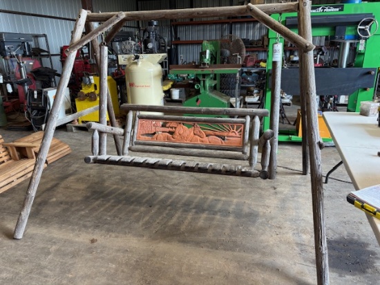 Wooden Swing on stand with metal horse accents