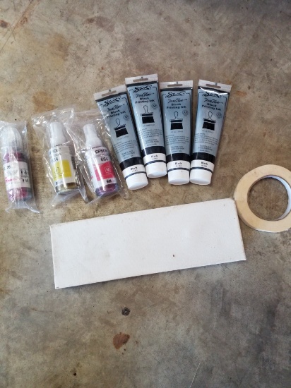 Block Printing Ink, Epson Ink Bottle, Piece of Canvas, Roll of Scotch Tape