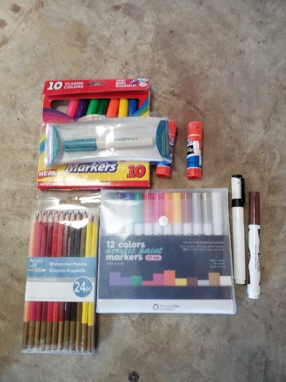 Super Washable Markers, Watercolor Pencils, Acrylic paint markers, Glue Sticks