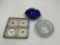 mcm blue blenko - round heavy cut glass - 4 duck set