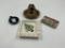 5 misc - Chicago motor club - round black glass - ceramic tree - pennyslvania tin