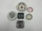 6 ashtrays -  1 -4in metal farmall R L carriers , 1 -2in glass souix motel, 2 6in porcelain dietze's