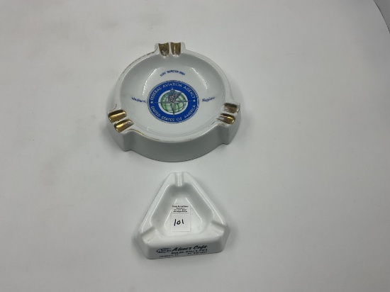 2 porcelain advertizing ashtrays - federal avaition - 3 sided alices café