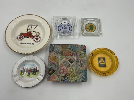 6 misc ashtrays - stamps - oldsmobile - WGS hemlock - bank