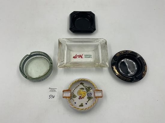 5 misc - mcm green stamps - ceasers palace - roy robers museum - 2 glass trays
