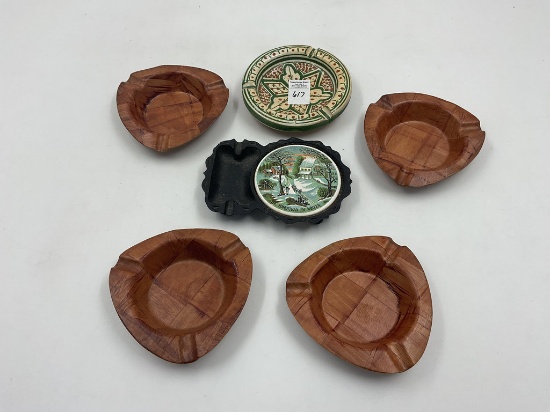 6 misc - cast iron homestead - 4 mcm wood trays - mexico ahtray