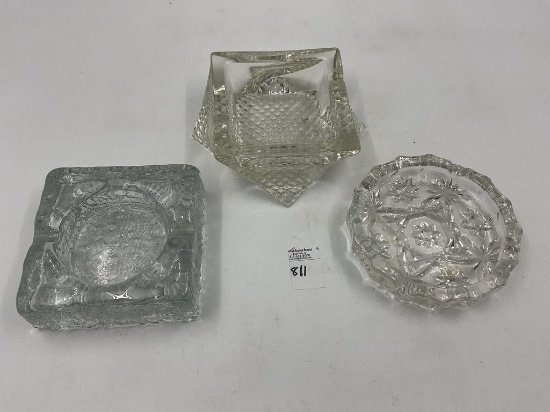 3 mcm cut glass clear ashtrays