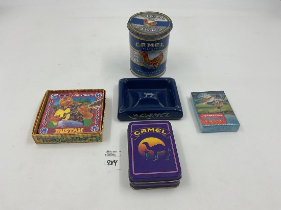 Camel joe coasters  - camel ashtray - camel wides [;aying cards - 2 camel tins