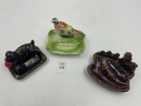 3 misc - japan phesant pottery - poodle and puppys pottery - dog with ball pottery