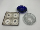 mcm blue blenko - round heavy cut glass - 4 duck set