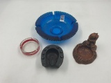 Large mcm blue ribbed glass - resin indian - wood horseshoe - riviera