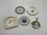5 misc ashtrays - metal niagara falls - royal doulton - chicago restaurant - queen mary - glazed duc