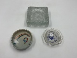3 misc ashtrays - large heavy mcm  clear glass - eldena co-op - rainbow ashtray
