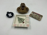 5 misc - Chicago motor club - round black glass - ceramic tree - pennyslvania tin