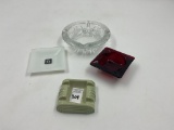 1 - 6in glass ashtray , 1- 3in playboy ashtray, 1- 3in red glass ashtray, 1- 3in ceramic ashtray ,