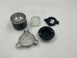 5 ashtrays , 4- 3 inch glass, 1 metal the ro-tray chicago - sterling tool and stamping