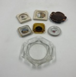 7 ash trays 1 - 3in thunder bird vegas hotel 2 - 4in ceramic , 1- 8in glass, 1 -5in metal , 3 glass