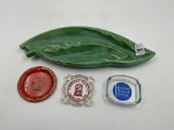 1- 17 inch ashtray (small chip on top) , 1- metal 4 in yamallel, rockford hospital, 1- sandberas